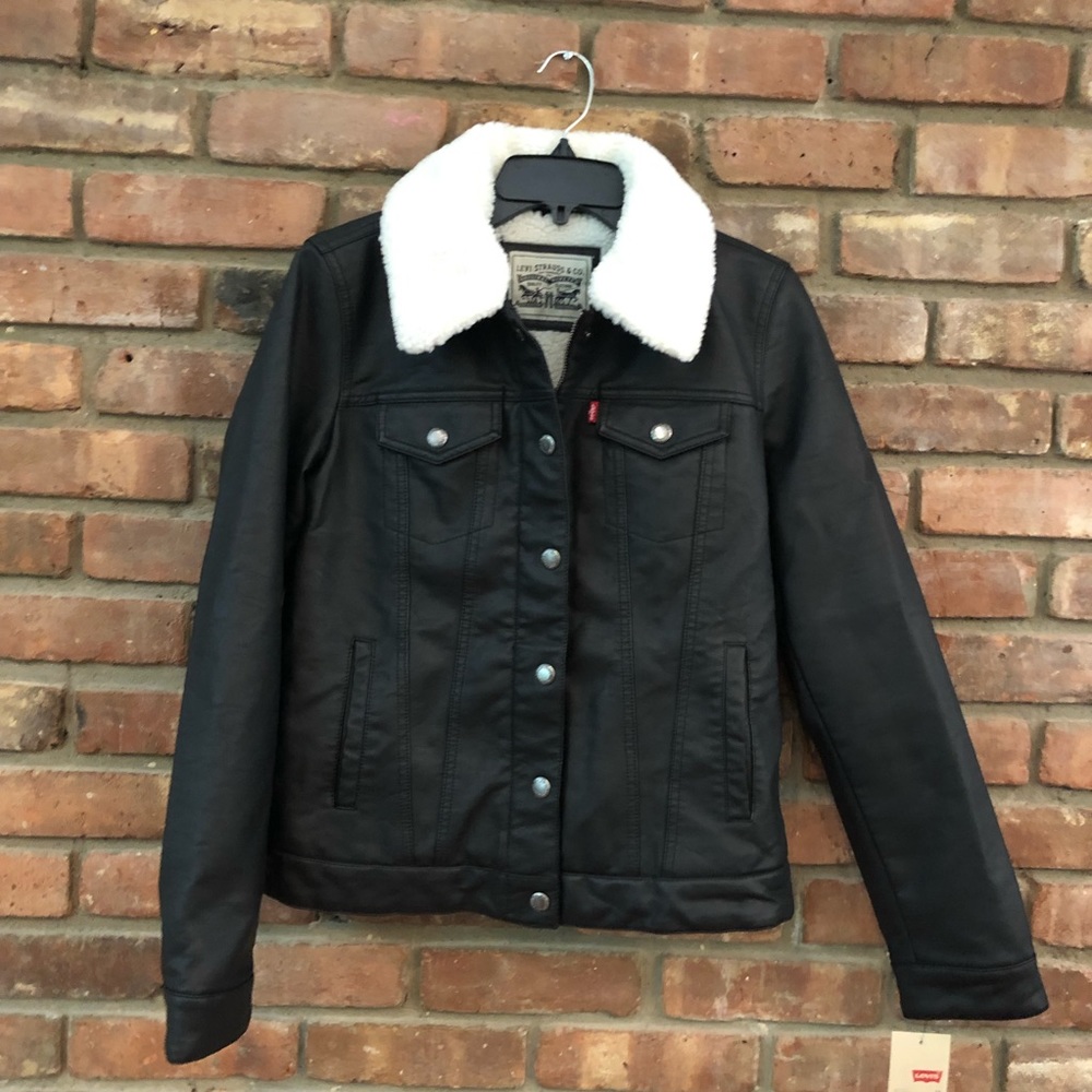 Faux Leather Trucker Jacket with Faux Shearling Collar